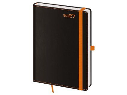 denni diar a5 2027 black orange s poutkem na propisku gumicka